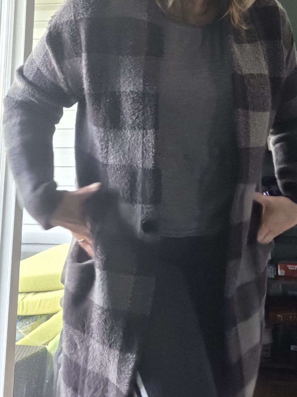 Plaid Single Button Long Cardigan Sweater - Charcoal Gray and Black